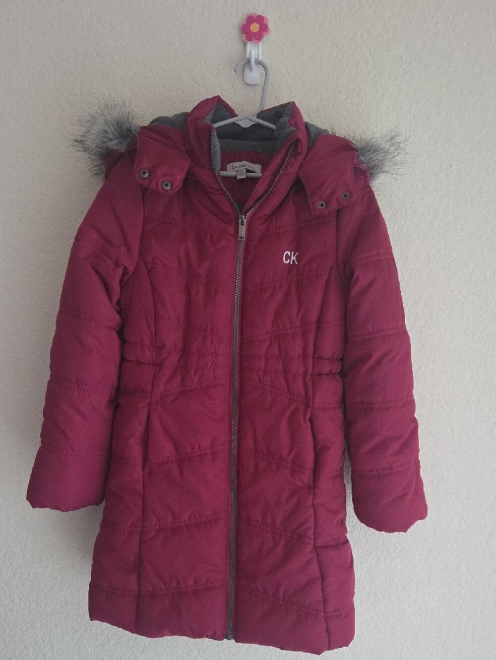 Calvin Klein Girls' Dark Red Puffer Coat with  Hood